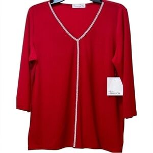 89th+Madison Blouse Women’s Red/Rhinestone V-neck 3/4 Sleeve Size-M NWT